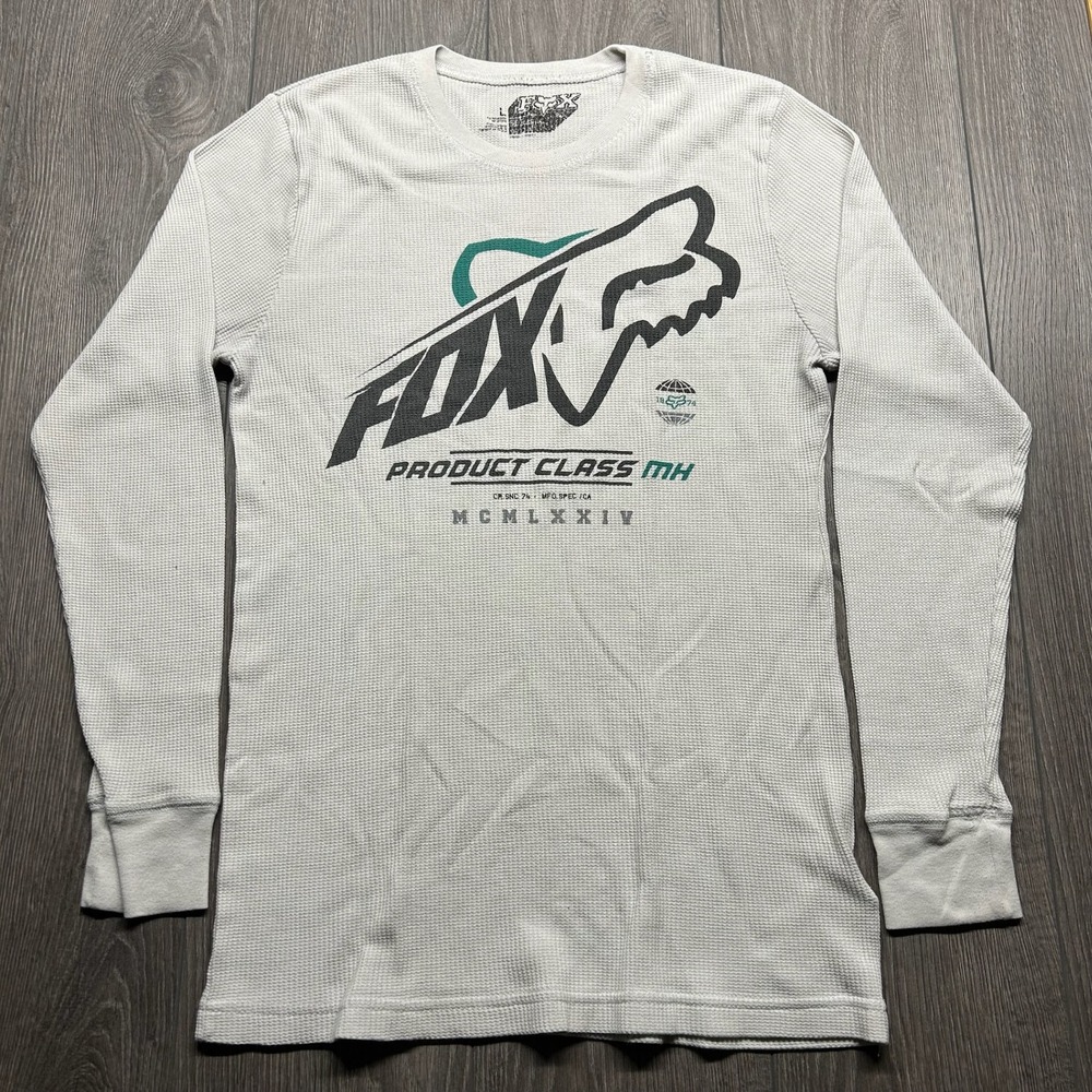 Fox Racing Mens Long Sleeve Waffle Knit Thermal Shirt Gray Y2K Logo Large